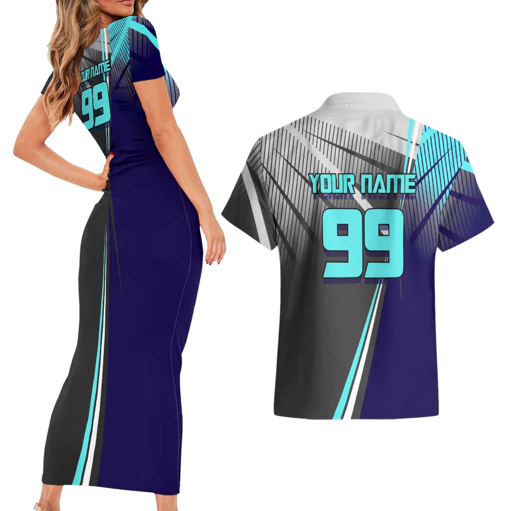 Personalized Mahito Jujutsu Kaisen Couples Matching Short Sleeve Bodycon Dress and Hawaiian Shirt with Teal Gradient and Blue Uniform Design