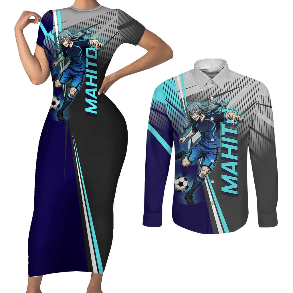 Personalized Mahito Jujutsu Kaisen Couples Matching Short Sleeve Bodycon Dress and Long Sleeve Button Shirt with Teal Gradient and Blue Uniform Design
