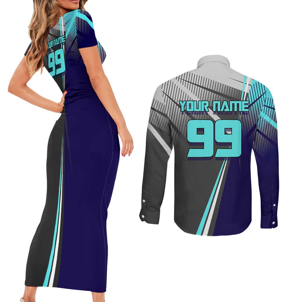 Personalized Mahito Jujutsu Kaisen Couples Matching Short Sleeve Bodycon Dress and Long Sleeve Button Shirt with Teal Gradient and Blue Uniform Design