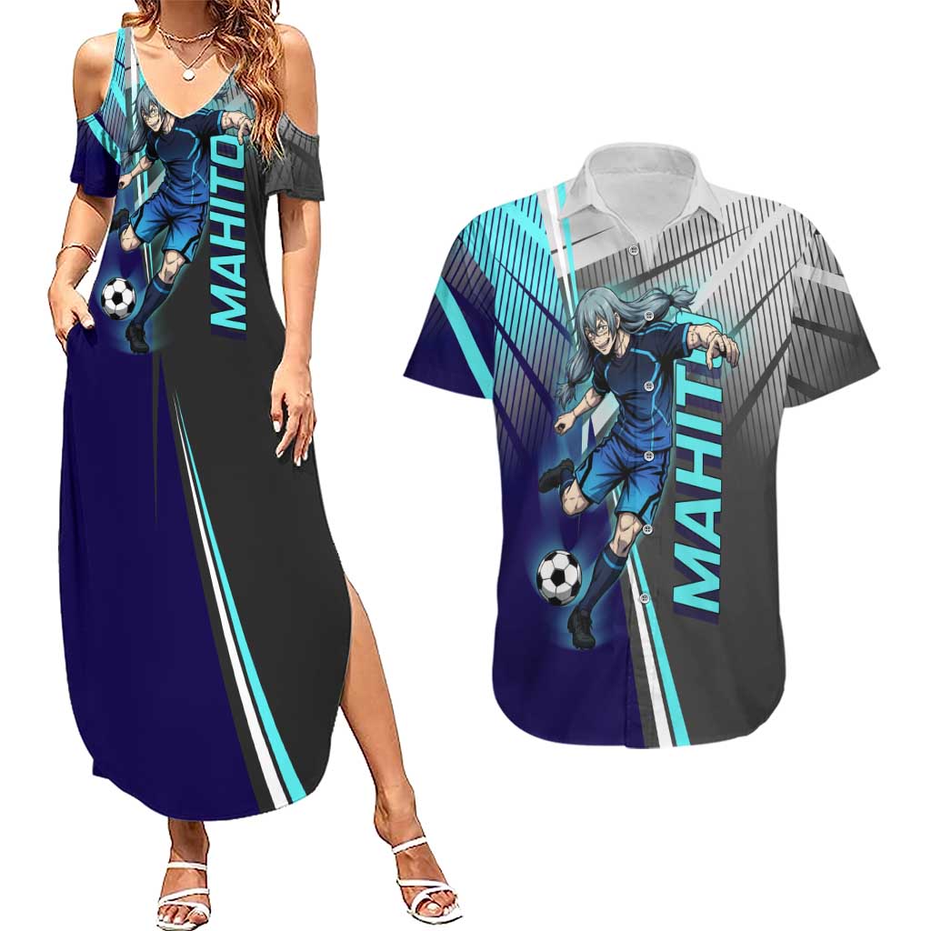 Personalized Mahito Jujutsu Kaisen Couples Matching Summer Maxi Dress and Hawaiian Shirt with Teal Gradient and Blue Uniform Design