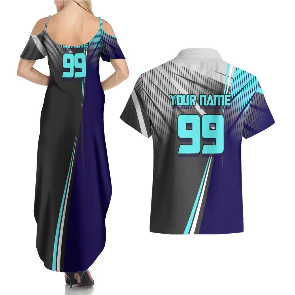 Personalized Mahito Jujutsu Kaisen Couples Matching Summer Maxi Dress and Hawaiian Shirt with Teal Gradient and Blue Uniform Design