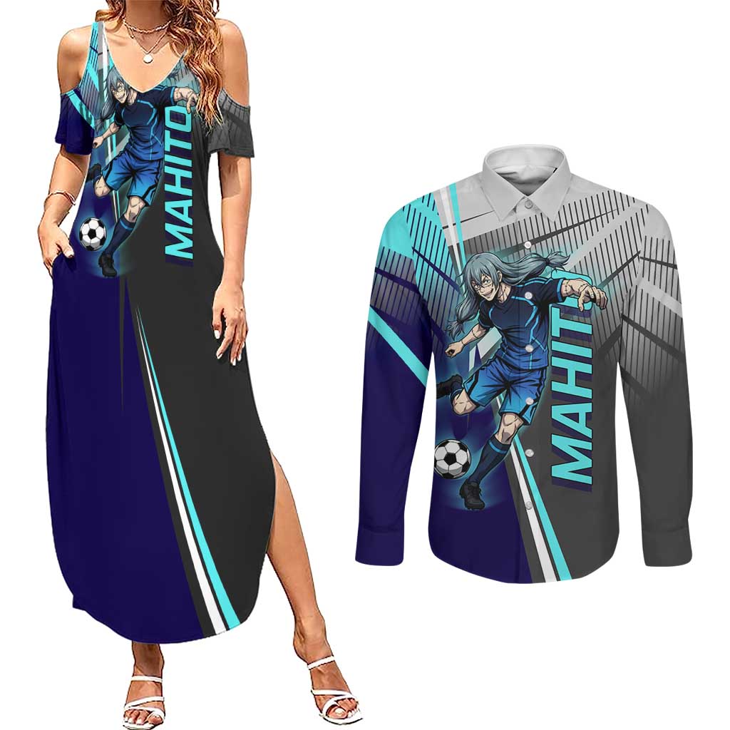 Personalized Mahito Jujutsu Kaisen Couples Matching Summer Maxi Dress and Long Sleeve Button Shirt with Teal Gradient and Blue Uniform Design