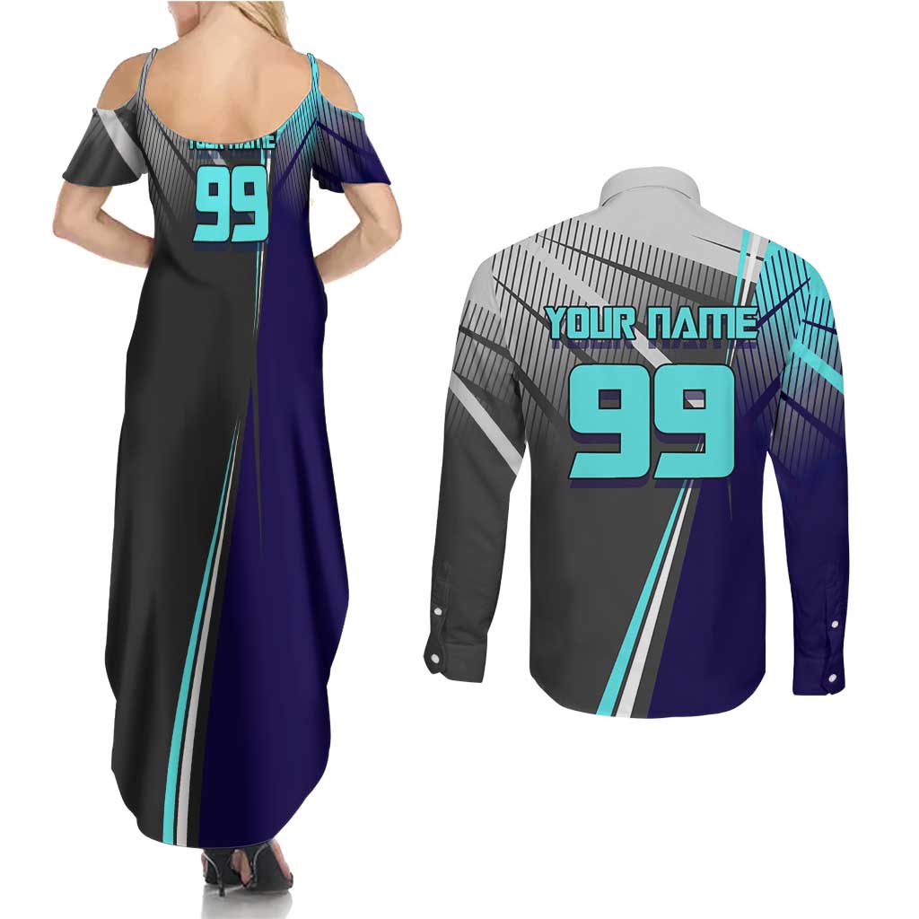 Personalized Mahito Jujutsu Kaisen Couples Matching Summer Maxi Dress and Long Sleeve Button Shirt with Teal Gradient and Blue Uniform Design