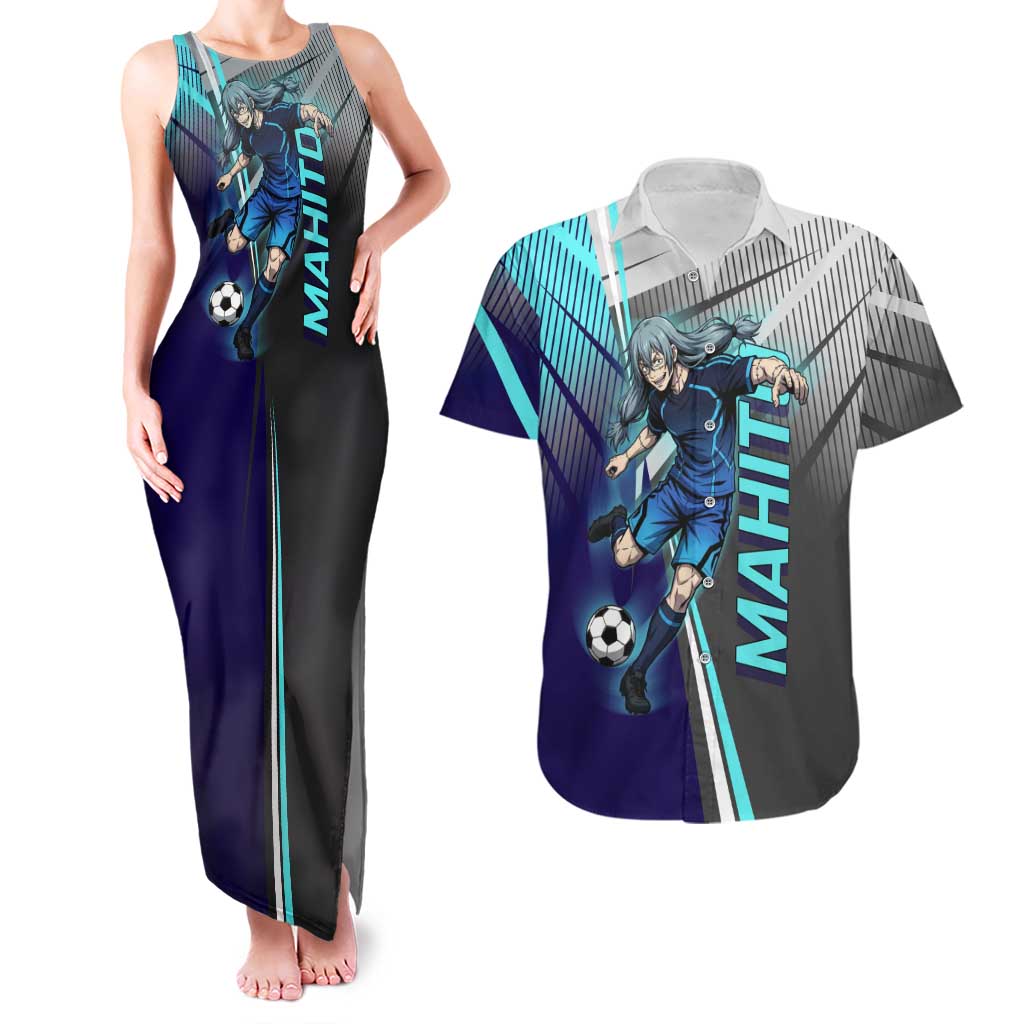 Personalized Mahito Jujutsu Kaisen Couples Matching Tank Maxi Dress and Hawaiian Shirt with Teal Gradient and Blue Uniform Design