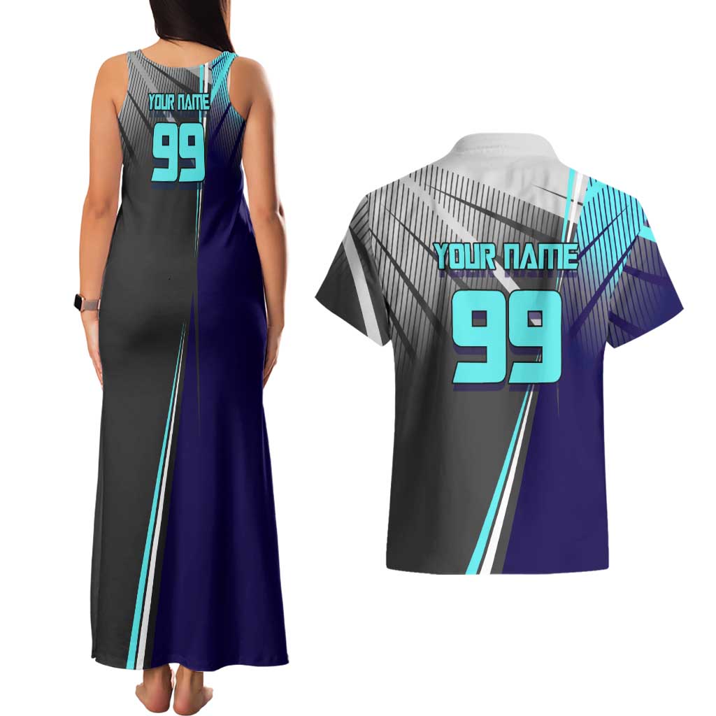 Personalized Mahito Jujutsu Kaisen Couples Matching Tank Maxi Dress and Hawaiian Shirt with Teal Gradient and Blue Uniform Design