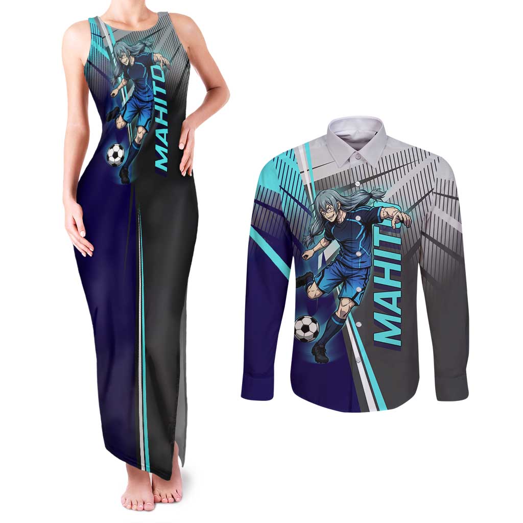 Personalized Mahito Jujutsu Kaisen Couples Matching Tank Maxi Dress and Long Sleeve Button Shirt with Teal Gradient and Blue Uniform Design