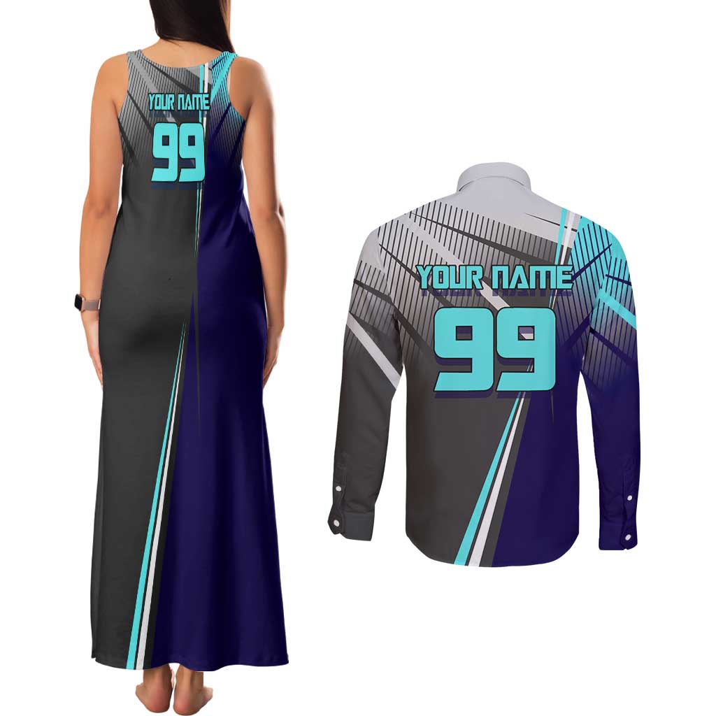 Personalized Mahito Jujutsu Kaisen Couples Matching Tank Maxi Dress and Long Sleeve Button Shirt with Teal Gradient and Blue Uniform Design