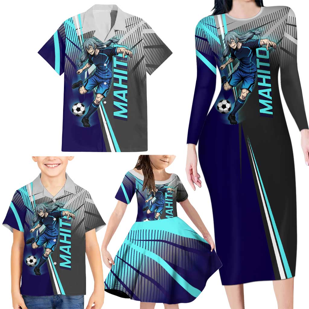 Personalized Mahito Jujutsu Kaisen Family Matching Long Sleeve Bodycon Dress and Hawaiian Shirt with Teal Gradient and Blue Uniform Design