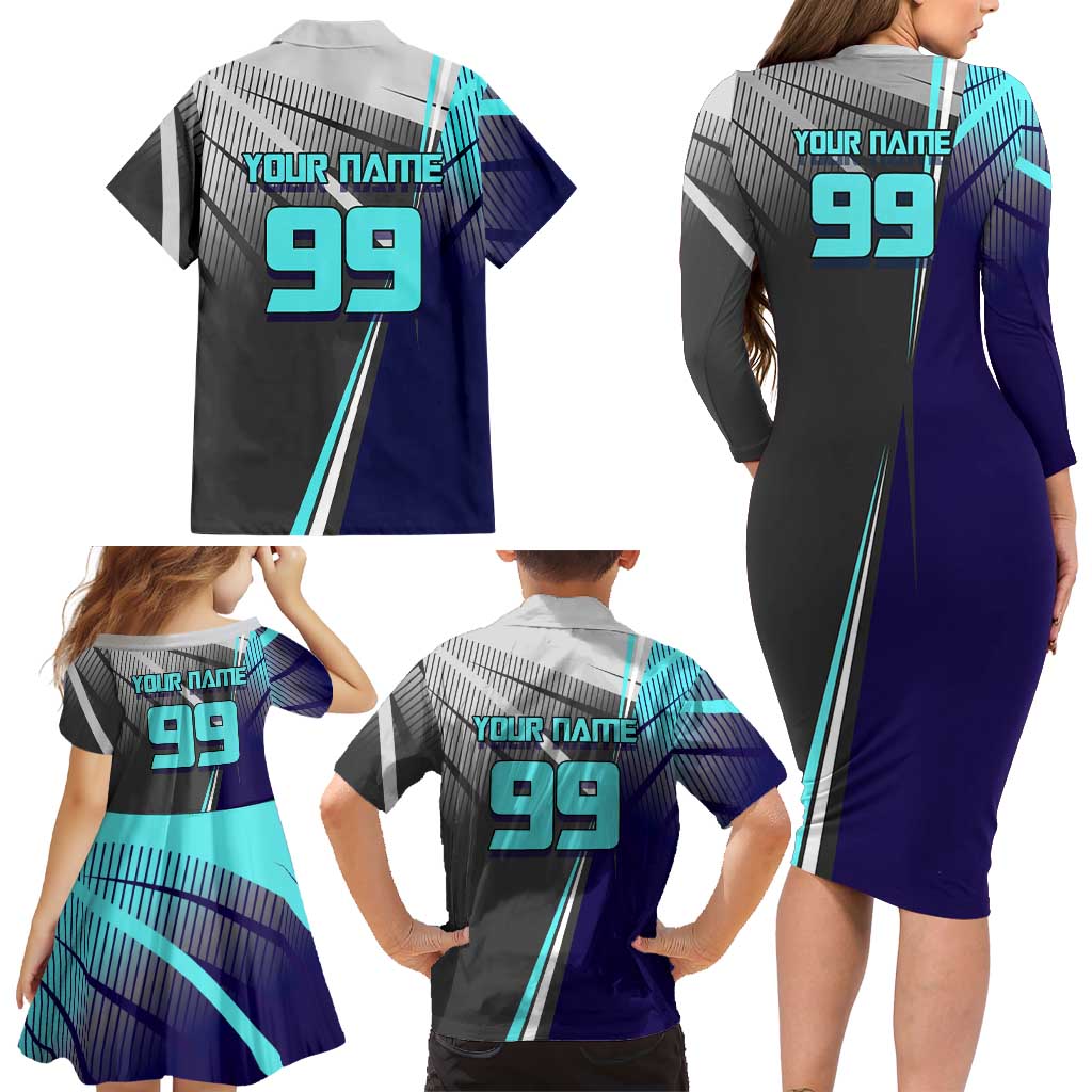 Personalized Mahito Jujutsu Kaisen Family Matching Long Sleeve Bodycon Dress and Hawaiian Shirt with Teal Gradient and Blue Uniform Design