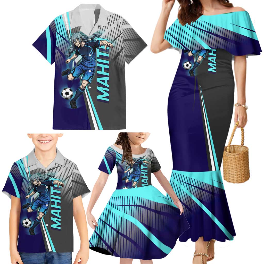 Personalized Mahito Jujutsu Kaisen Family Matching Mermaid Dress and Hawaiian Shirt with Teal Gradient and Blue Uniform Design