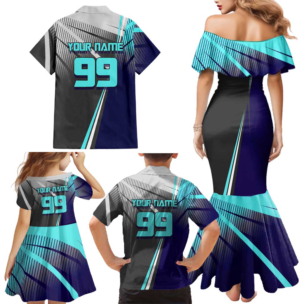 Personalized Mahito Jujutsu Kaisen Family Matching Mermaid Dress and Hawaiian Shirt with Teal Gradient and Blue Uniform Design