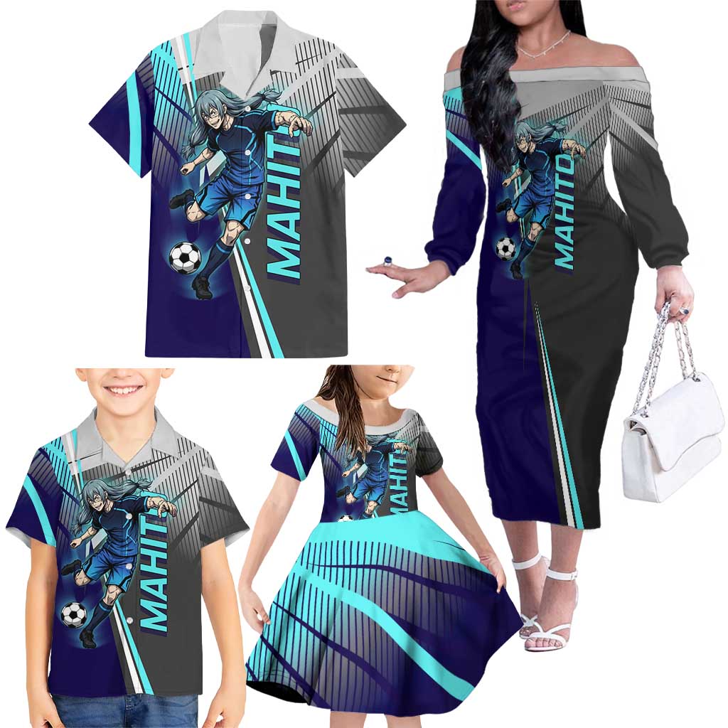Personalized Mahito Jujutsu Kaisen Family Matching Off The Shoulder Long Sleeve Dress and Hawaiian Shirt with Teal Gradient and Blue Uniform Design