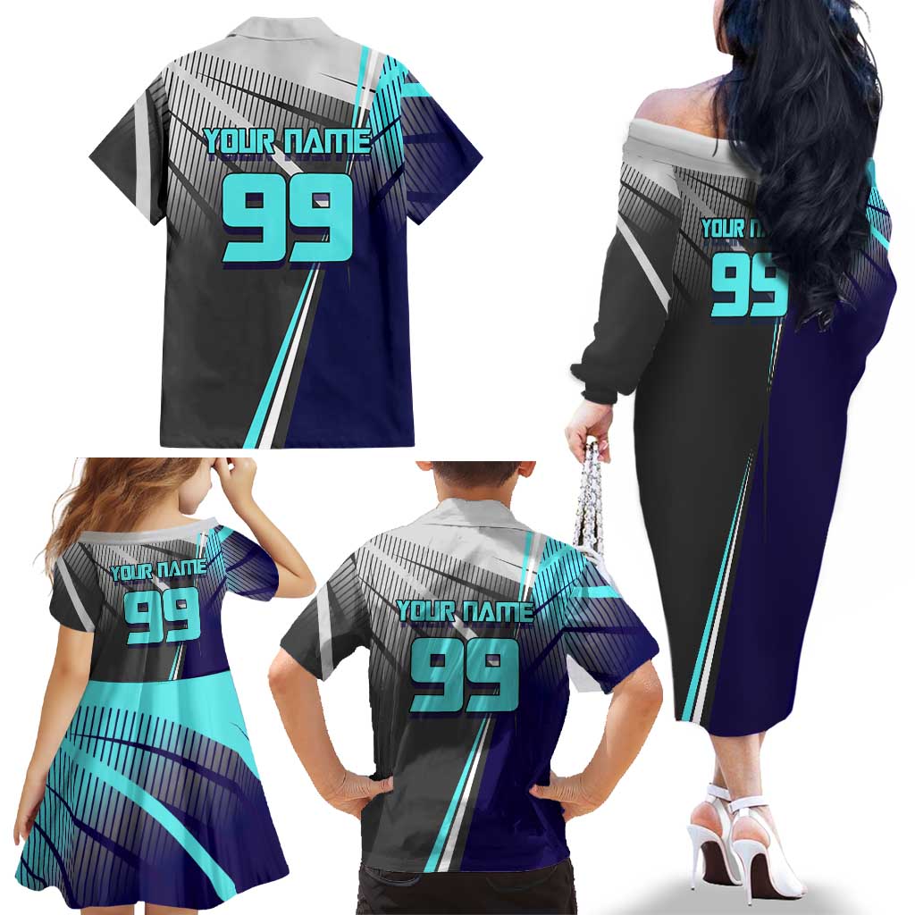 Personalized Mahito Jujutsu Kaisen Family Matching Off The Shoulder Long Sleeve Dress and Hawaiian Shirt with Teal Gradient and Blue Uniform Design