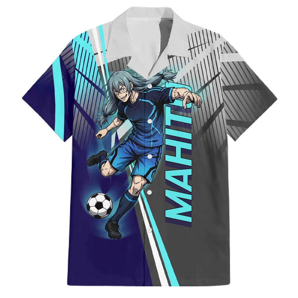 Personalized Mahito Jujutsu Kaisen Family Matching Off The Shoulder Long Sleeve Dress and Hawaiian Shirt with Teal Gradient and Blue Uniform Design
