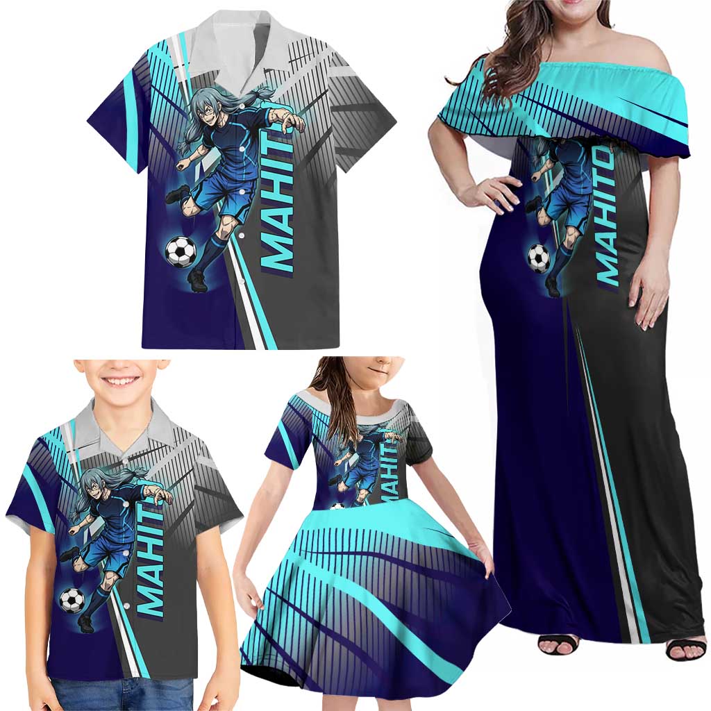 Personalized Mahito Jujutsu Kaisen Family Matching Off Shoulder Maxi Dress and Hawaiian Shirt with Teal Gradient and Blue Uniform Design
