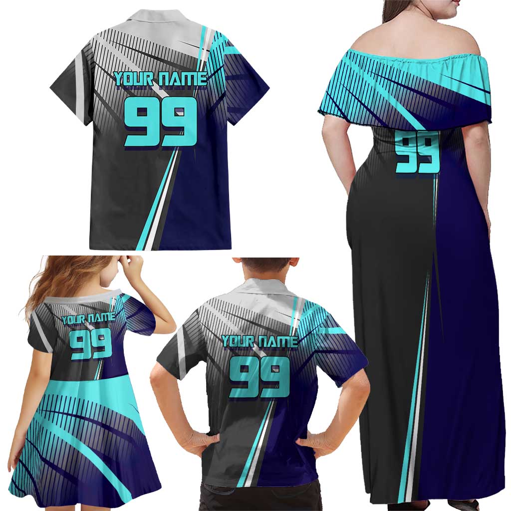 Personalized Mahito Jujutsu Kaisen Family Matching Off Shoulder Maxi Dress and Hawaiian Shirt with Teal Gradient and Blue Uniform Design