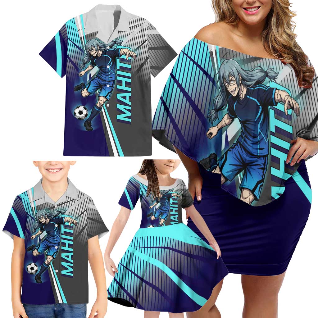 Personalized Mahito Jujutsu Kaisen Family Matching Off Shoulder Short Dress and Hawaiian Shirt with Teal Gradient and Blue Uniform Design