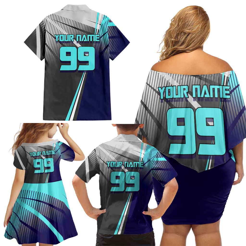 Personalized Mahito Jujutsu Kaisen Family Matching Off Shoulder Short Dress and Hawaiian Shirt with Teal Gradient and Blue Uniform Design