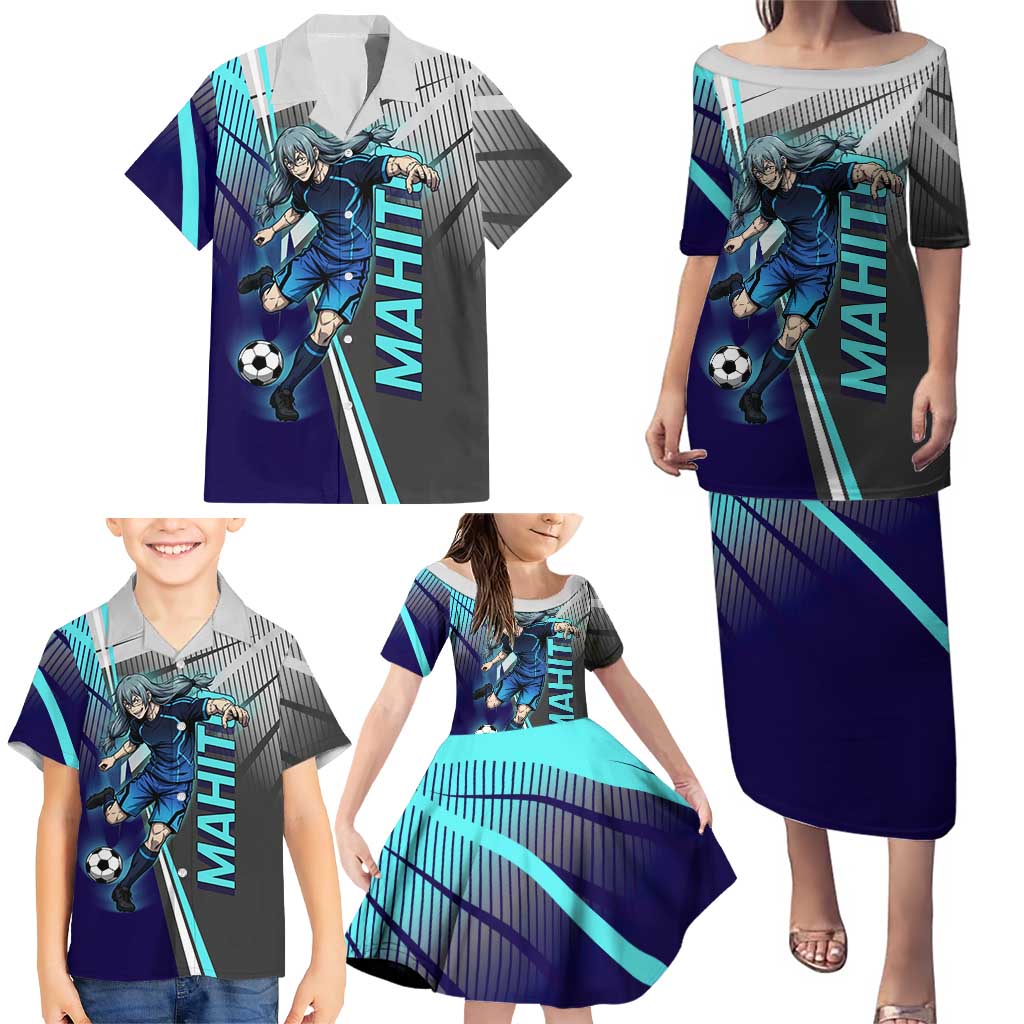 Personalized Mahito Jujutsu Kaisen Family Matching Puletasi and Hawaiian Shirt with Teal Gradient and Blue Uniform Design