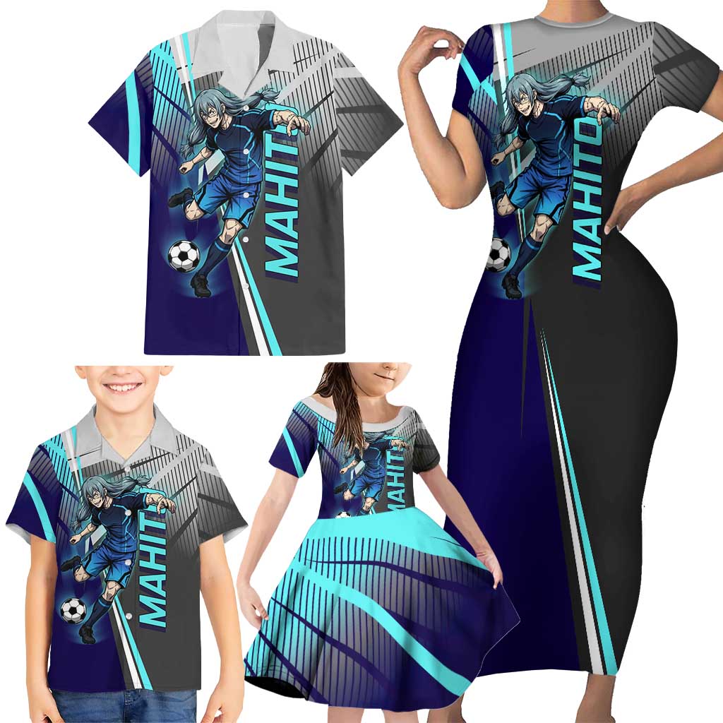 Personalized Mahito Jujutsu Kaisen Family Matching Short Sleeve Bodycon Dress and Hawaiian Shirt with Teal Gradient and Blue Uniform Design