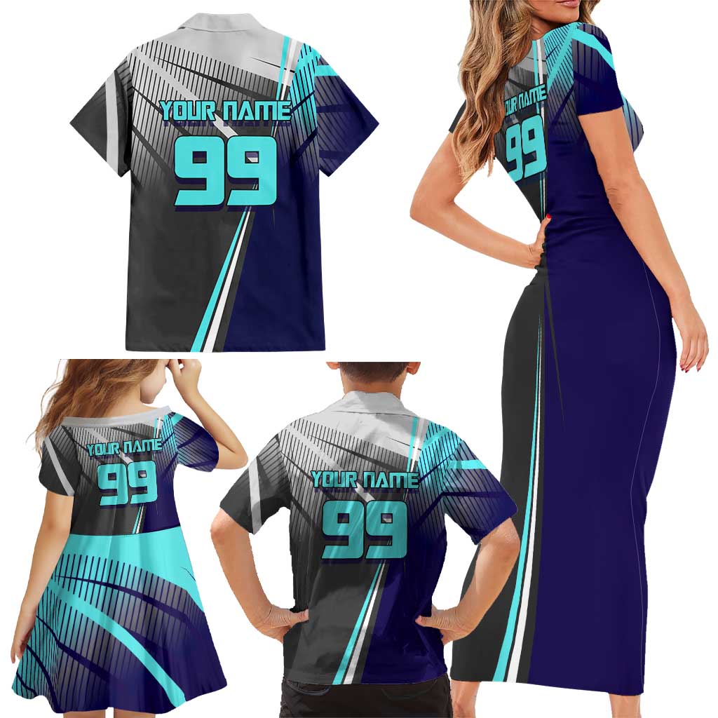 Personalized Mahito Jujutsu Kaisen Family Matching Short Sleeve Bodycon Dress and Hawaiian Shirt with Teal Gradient and Blue Uniform Design