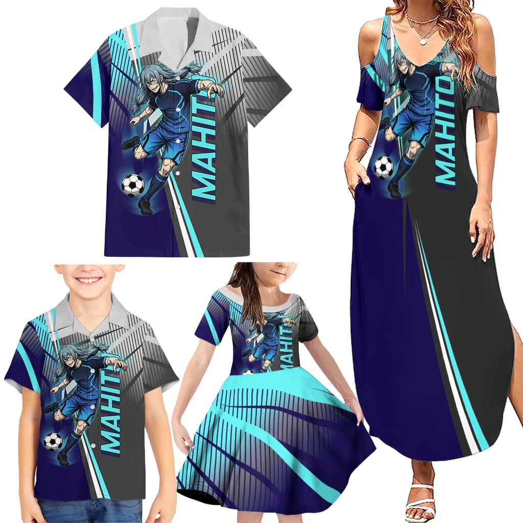 Personalized Mahito Jujutsu Kaisen Family Matching Summer Maxi Dress and Hawaiian Shirt with Teal Gradient and Blue Uniform Design