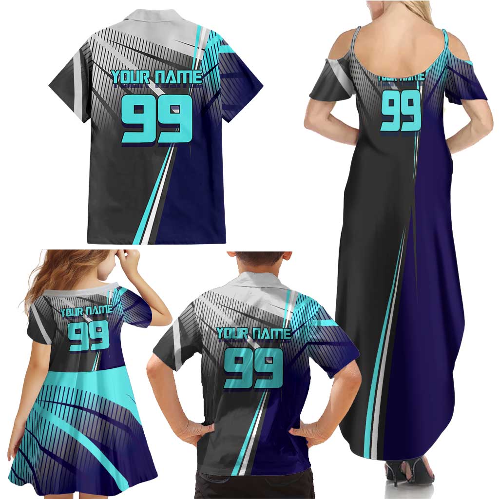 Personalized Mahito Jujutsu Kaisen Family Matching Summer Maxi Dress and Hawaiian Shirt with Teal Gradient and Blue Uniform Design
