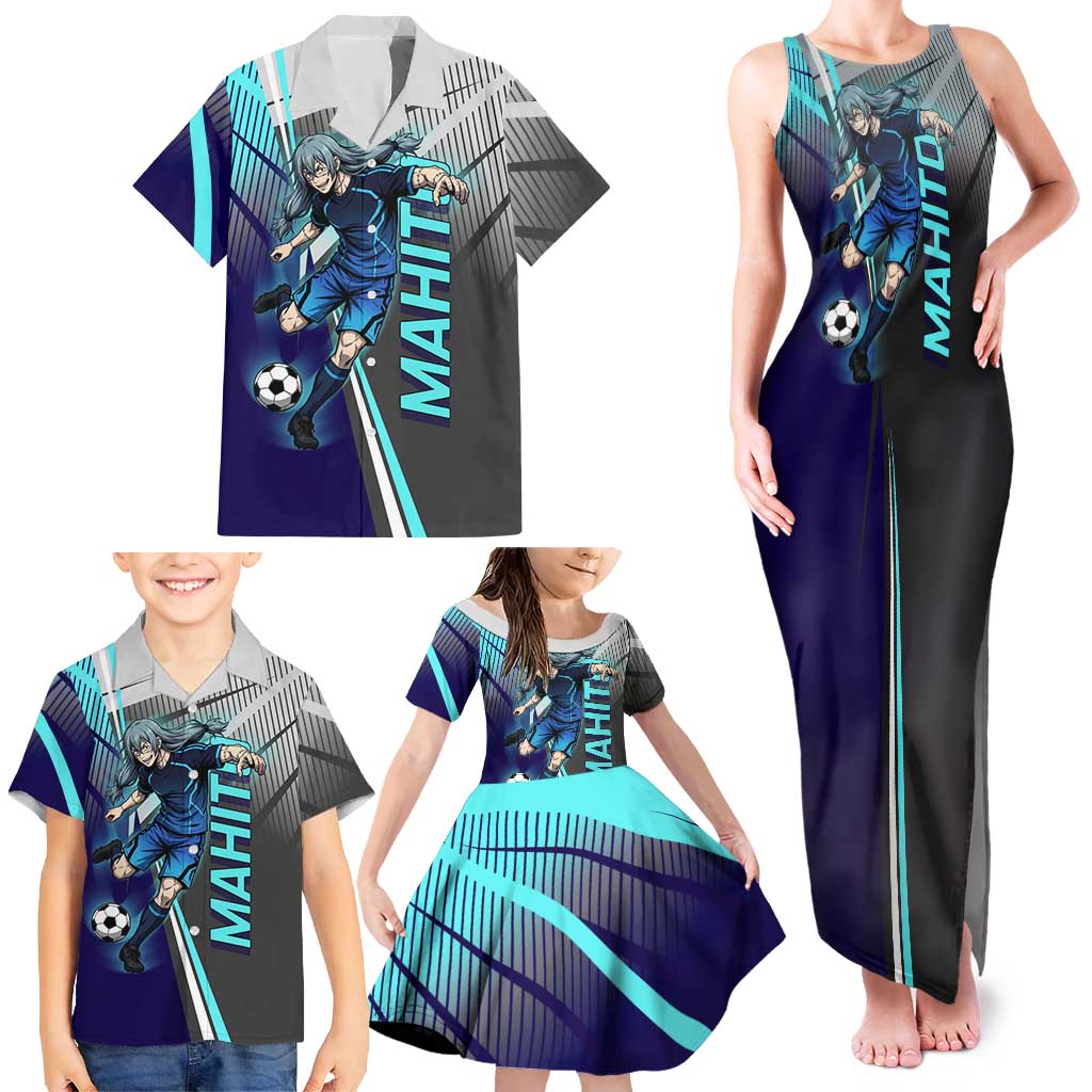 Personalized Mahito Jujutsu Kaisen Family Matching Tank Maxi Dress and Hawaiian Shirt with Teal Gradient and Blue Uniform Design