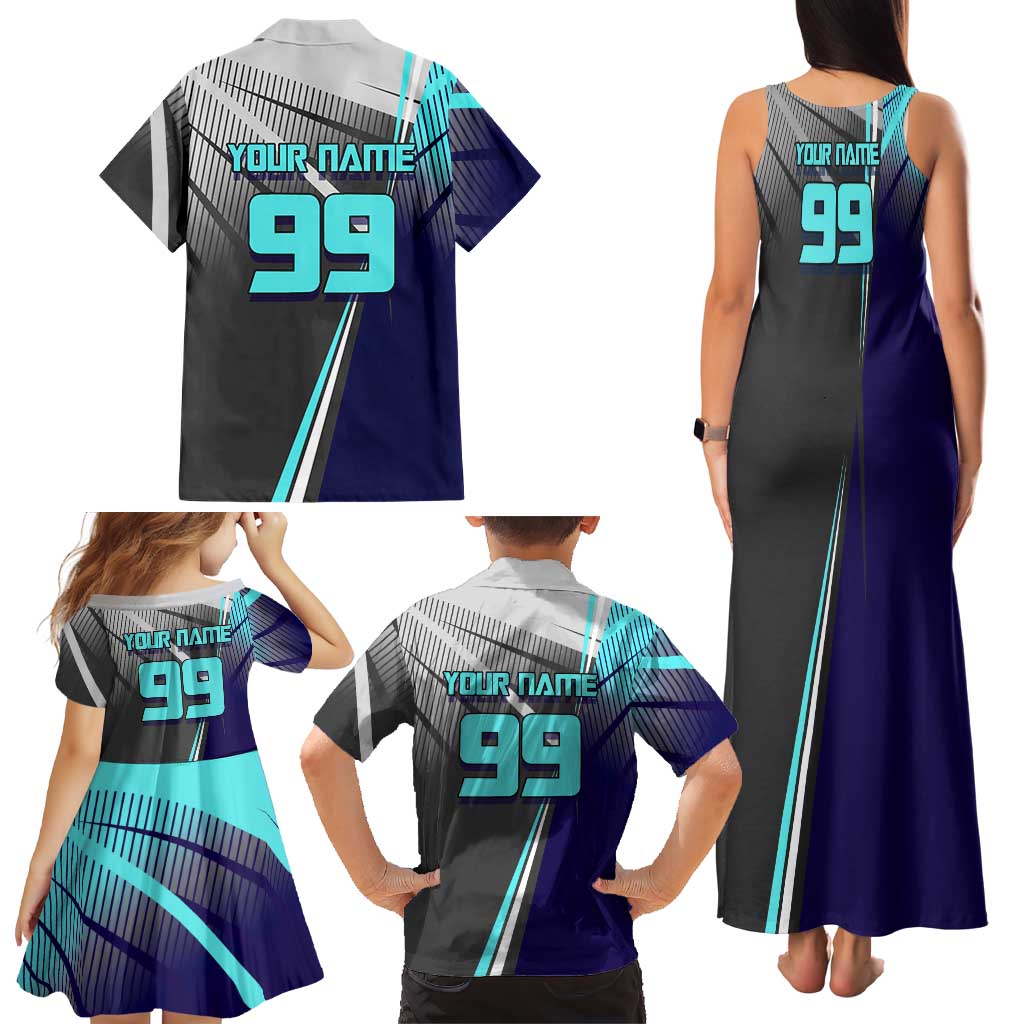 Personalized Mahito Jujutsu Kaisen Family Matching Tank Maxi Dress and Hawaiian Shirt with Teal Gradient and Blue Uniform Design