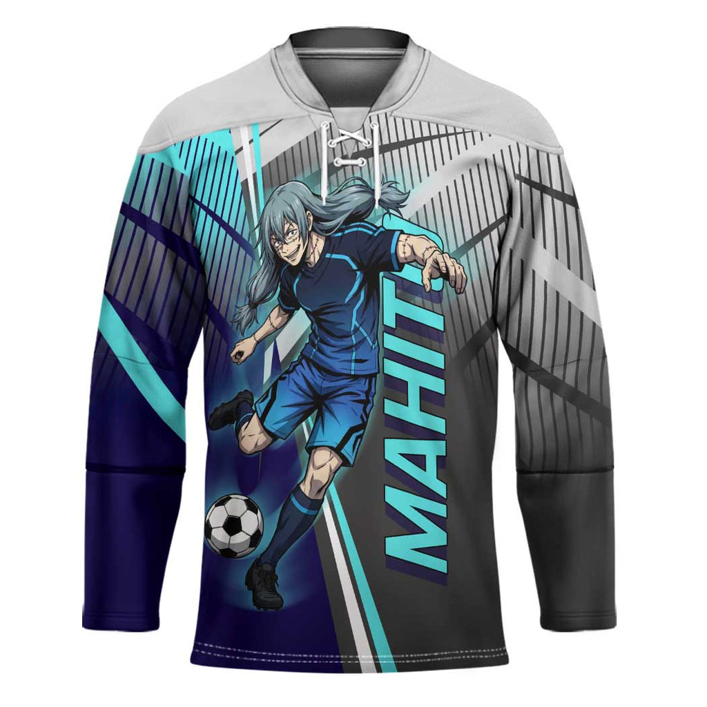 Personalized Mahito Jujutsu Kaisen Hockey Jersey with Teal Gradient and Blue Uniform Design