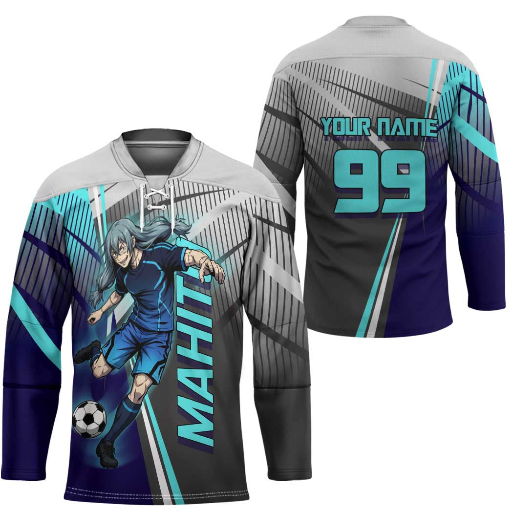 Personalized Mahito Jujutsu Kaisen Hockey Jersey with Teal Gradient and Blue Uniform Design