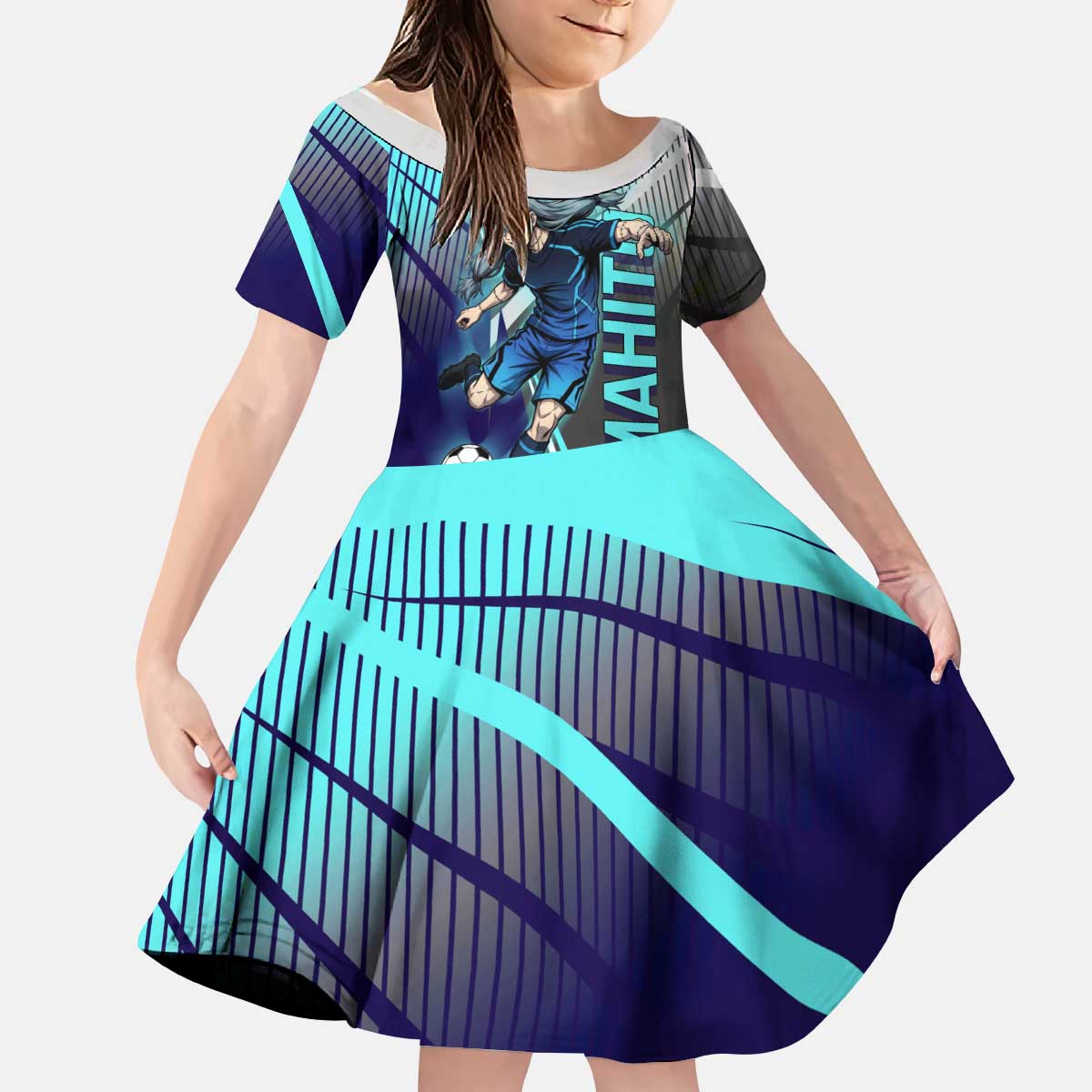 Personalized Mahito Jujutsu Kaisen Kid Short Sleeve Dress with Teal Gradient and Blue Uniform Design