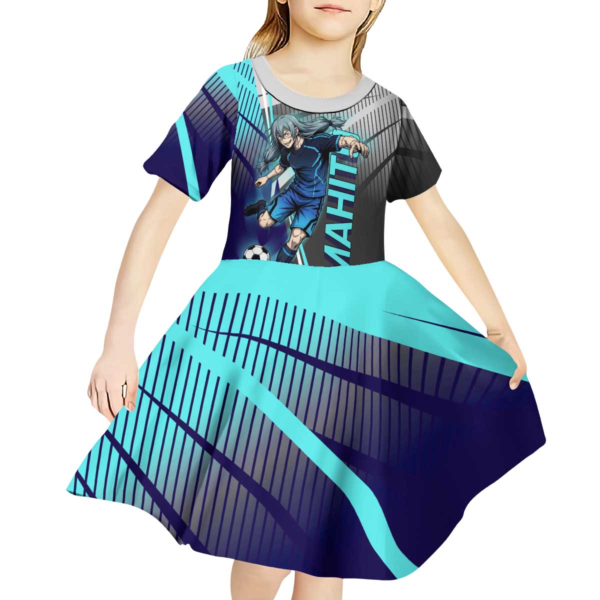 Personalized Mahito Jujutsu Kaisen Kid Short Sleeve Dress with Teal Gradient and Blue Uniform Design