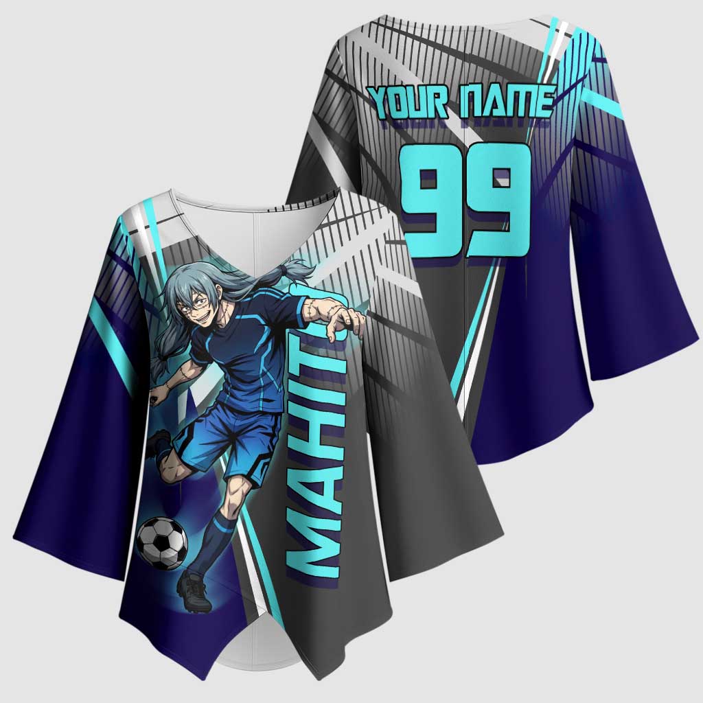 Personalized Mahito Jujutsu Kaisen Kimono Sleeve Blouse with Teal Gradient and Blue Uniform Design