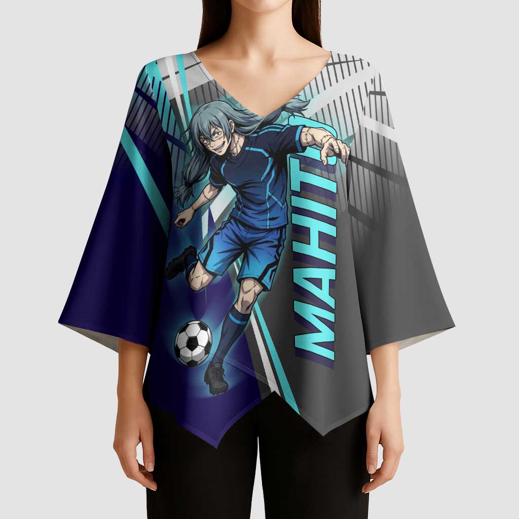 Personalized Mahito Jujutsu Kaisen Kimono Sleeve Blouse with Teal Gradient and Blue Uniform Design
