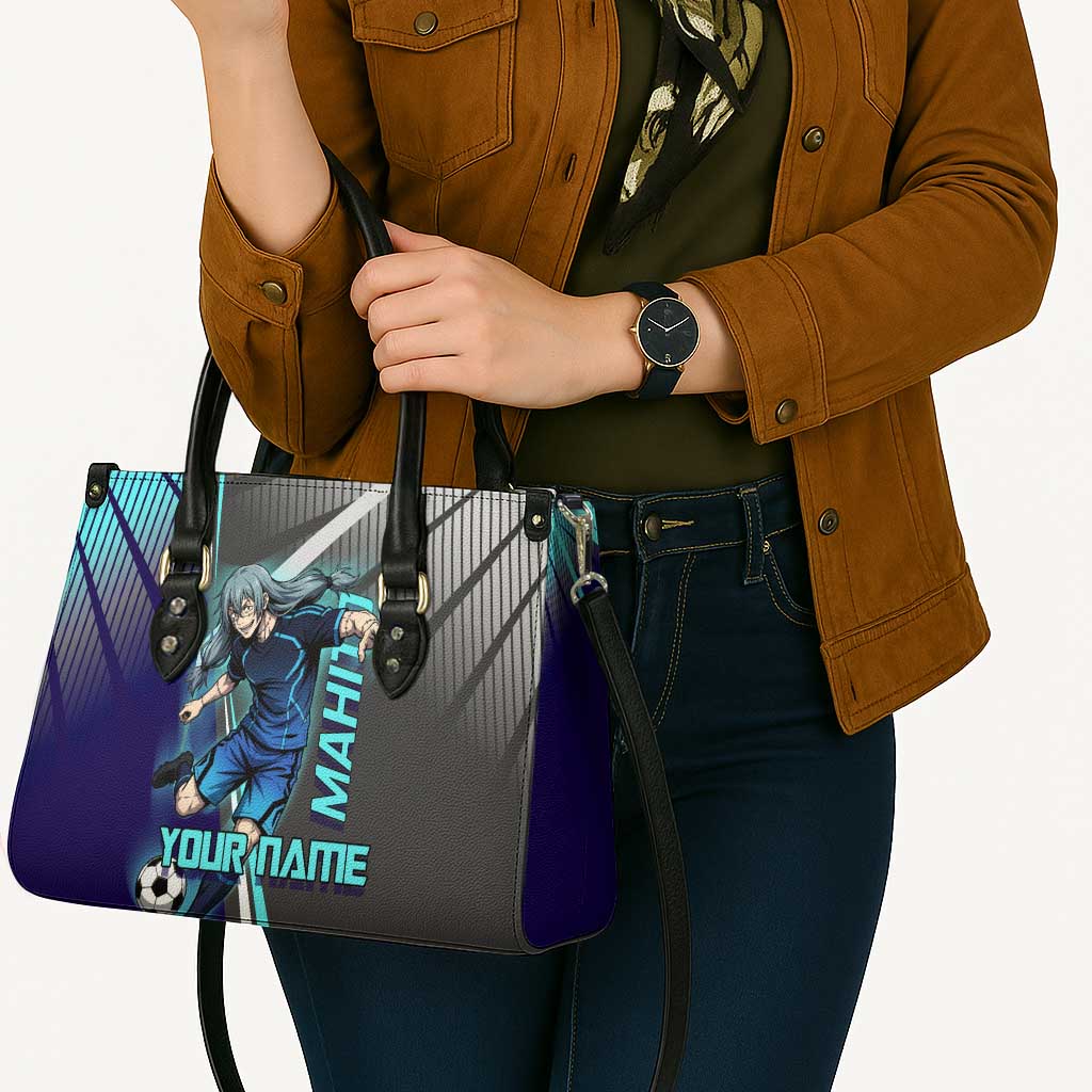 Personalized Mahito Jujutsu Kaisen Leather Bag with Teal Gradient and Blue Uniform Design