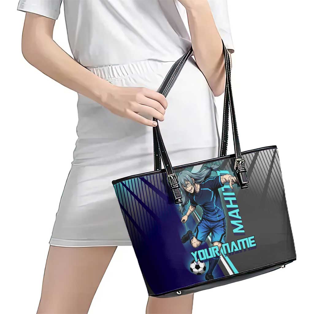 Personalized Mahito Jujutsu Kaisen Leather Tote Bag with Teal Gradient and Blue Uniform Design