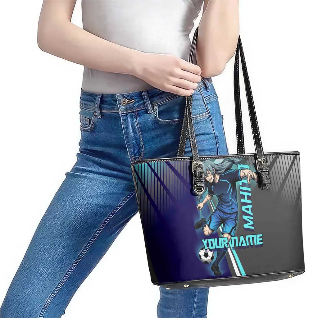 Personalized Mahito Jujutsu Kaisen Leather Tote Bag with Teal Gradient and Blue Uniform Design