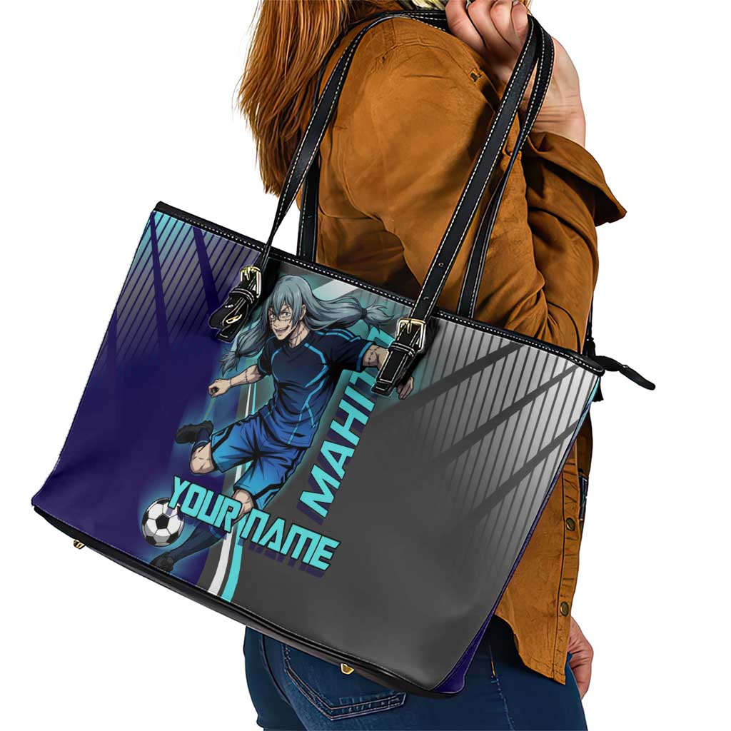 Personalized Mahito Jujutsu Kaisen Leather Tote Bag with Teal Gradient and Blue Uniform Design