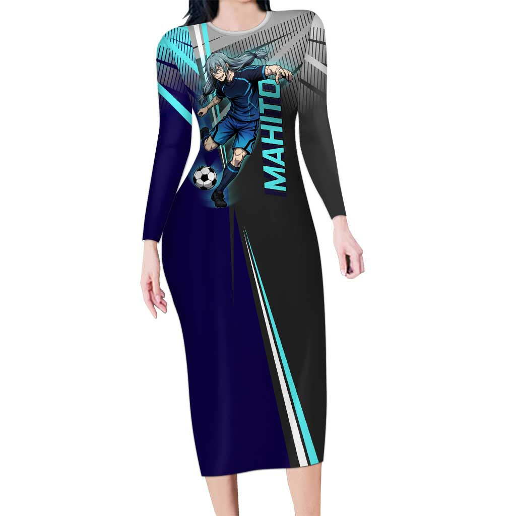 Personalized Mahito Jujutsu Kaisen Long Sleeve Bodycon Dress with Teal Gradient and Blue Uniform Design