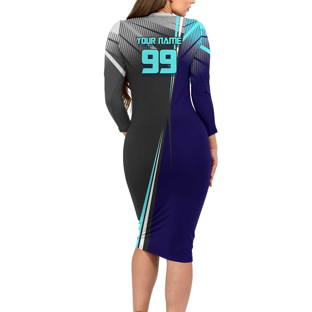 Personalized Mahito Jujutsu Kaisen Long Sleeve Bodycon Dress with Teal Gradient and Blue Uniform Design