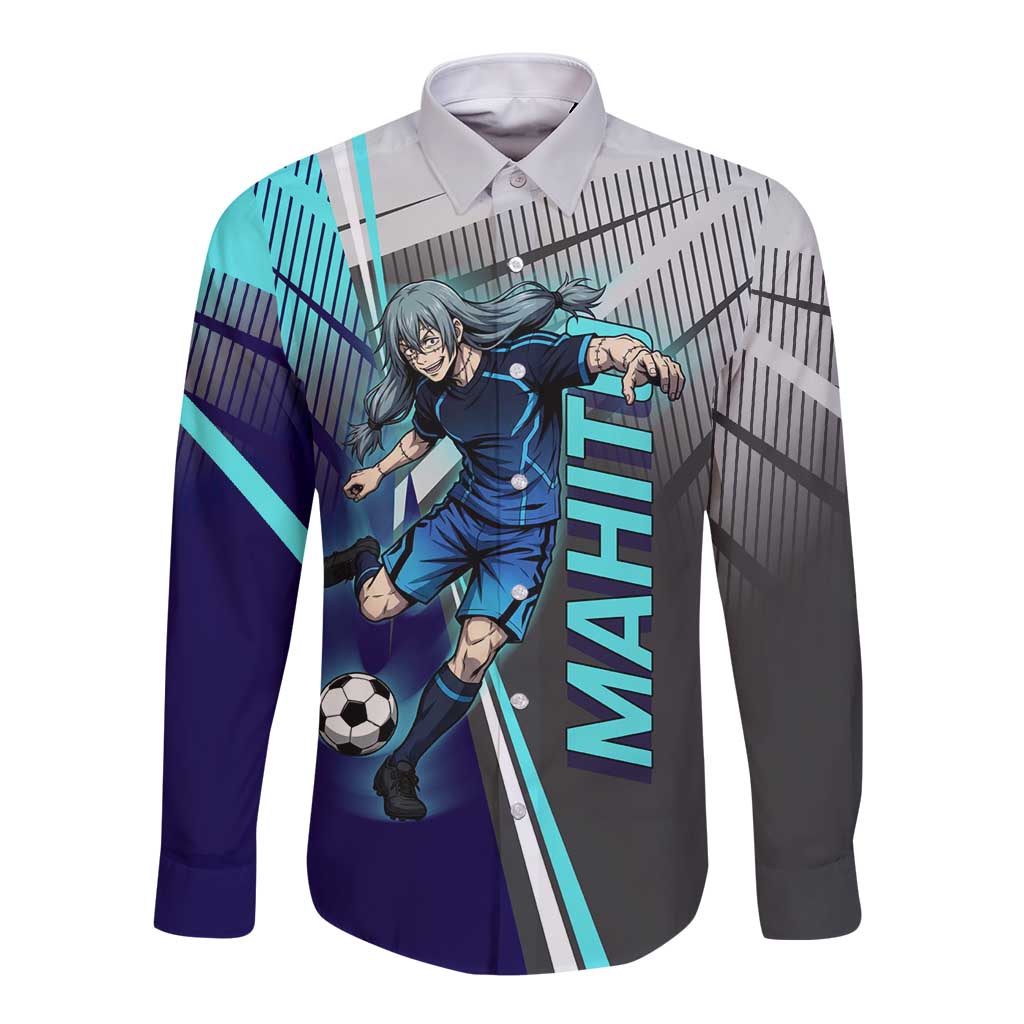 Personalized Mahito Jujutsu Kaisen Long Sleeve Button Shirt with Teal Gradient and Blue Uniform Design