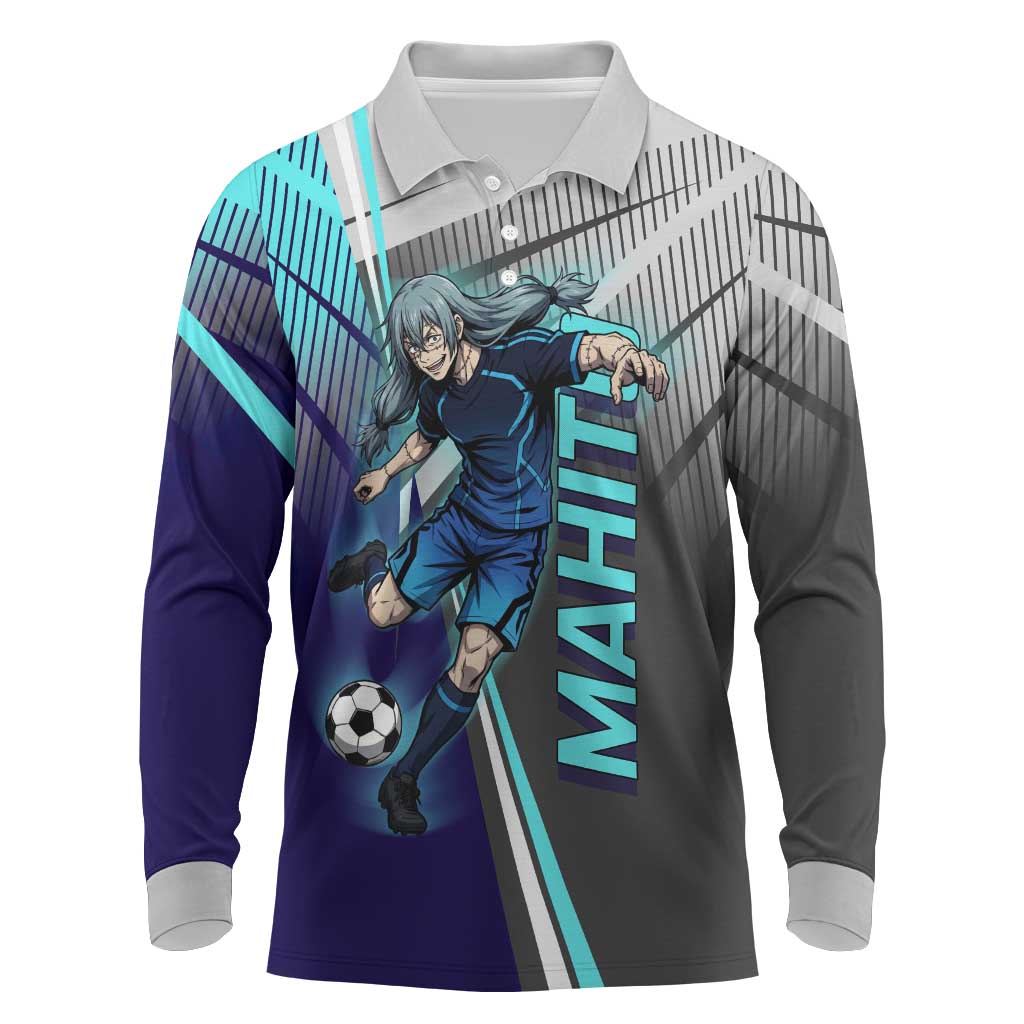 Personalized Mahito Jujutsu Kaisen Long Sleeve Polo Shirt with Teal Gradient and Blue Uniform Design