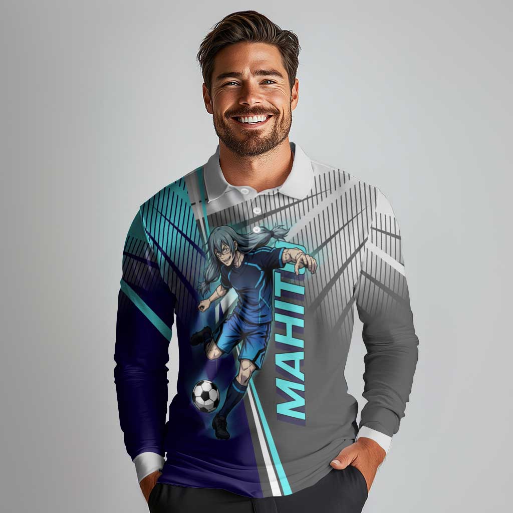 Personalized Mahito Jujutsu Kaisen Long Sleeve Polo Shirt with Teal Gradient and Blue Uniform Design