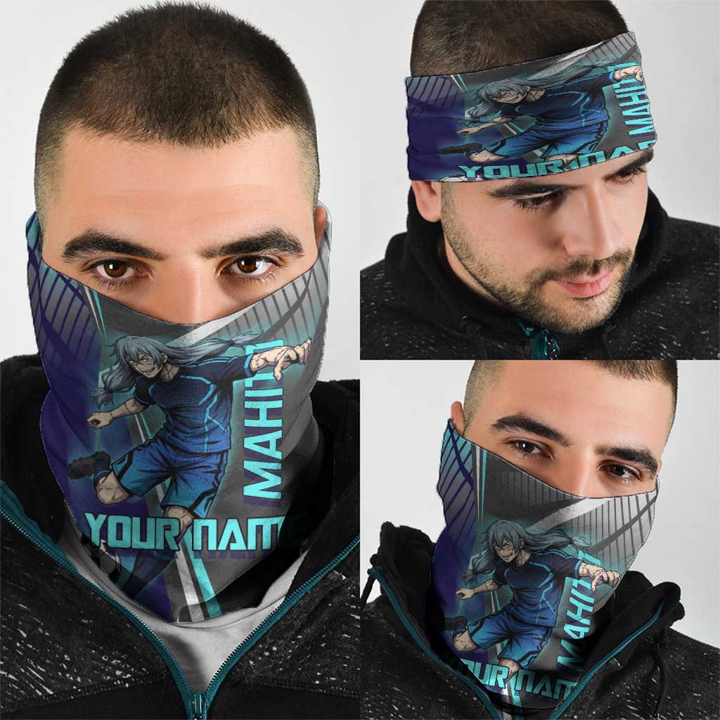 Personalized Mahito Jujutsu Kaisen Neck Gaiter with Teal Gradient and Blue Uniform Design