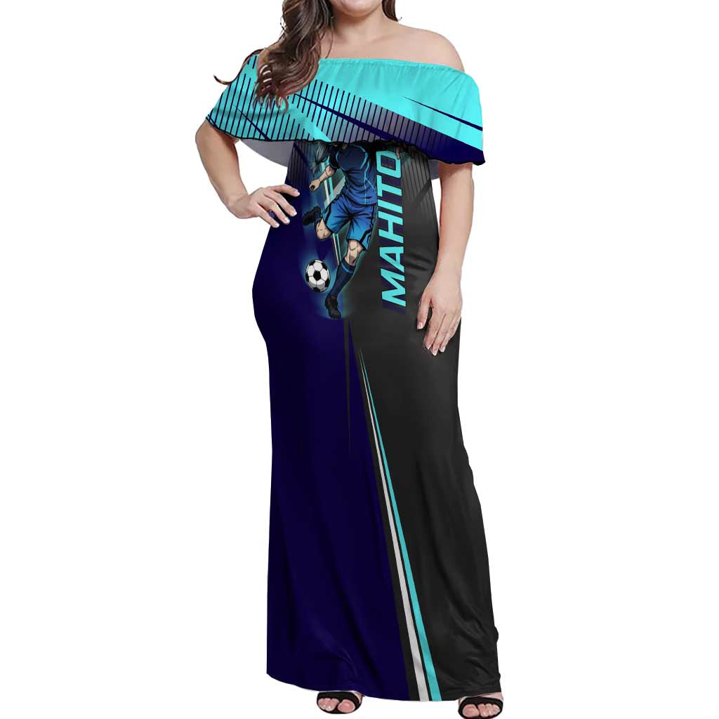 Personalized Mahito Jujutsu Kaisen Off Shoulder Maxi Dress with Teal Gradient and Blue Uniform Design