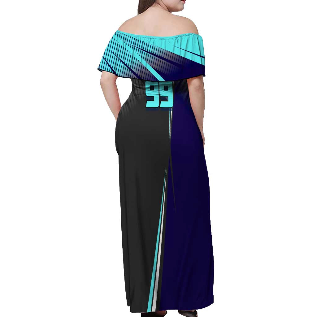 Personalized Mahito Jujutsu Kaisen Off Shoulder Maxi Dress with Teal Gradient and Blue Uniform Design