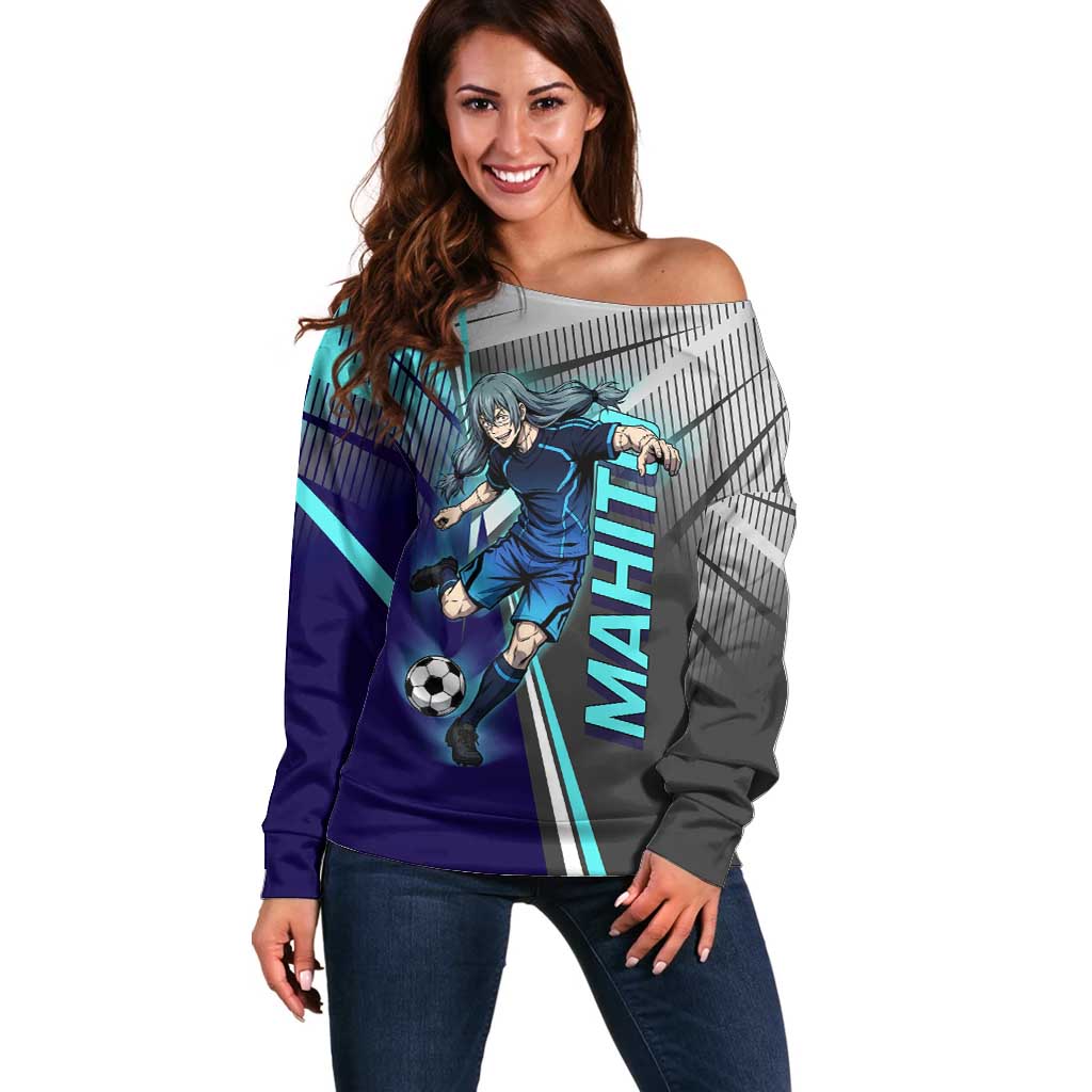Personalized Mahito Jujutsu Kaisen Off Shoulder Sweater with Teal Gradient and Blue Uniform Design