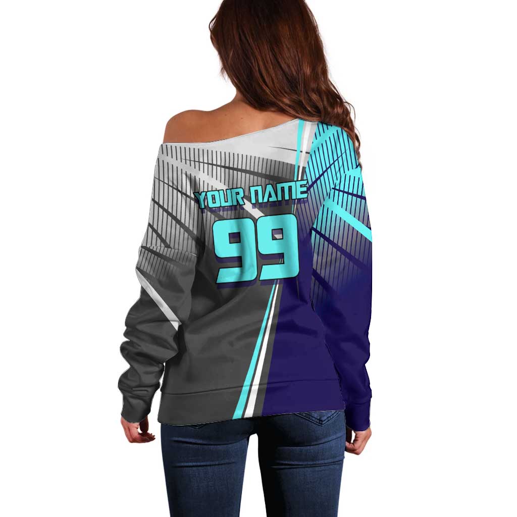 Personalized Mahito Jujutsu Kaisen Off Shoulder Sweater with Teal Gradient and Blue Uniform Design