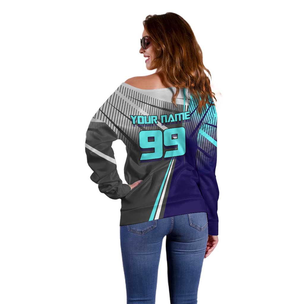 Personalized Mahito Jujutsu Kaisen Off Shoulder Sweater with Teal Gradient and Blue Uniform Design